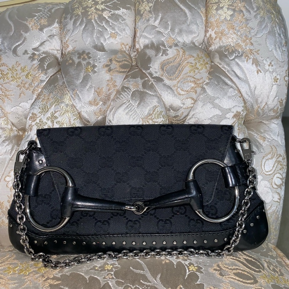 Gucci horsebit GG canvas with leather black clutch handbag
